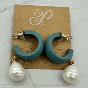 Teal Hoop Faux Pearl Drop Earrings Modern Chic Statement Earrings Gold Accent